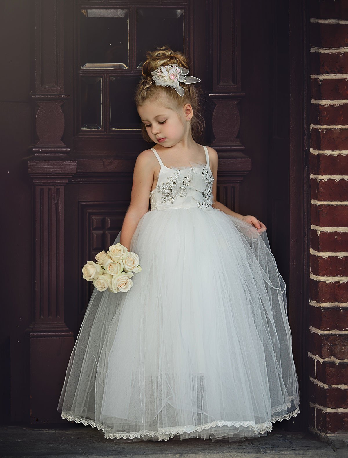 white tulle flower girl dress