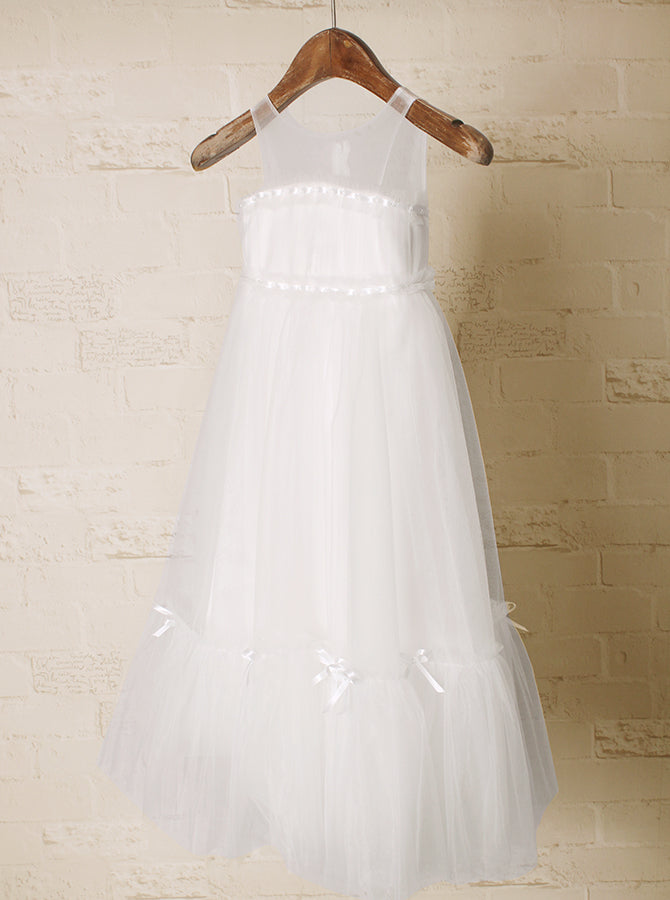 Simple White Sleeveless A Line Tulle Floor Length Flower Girl