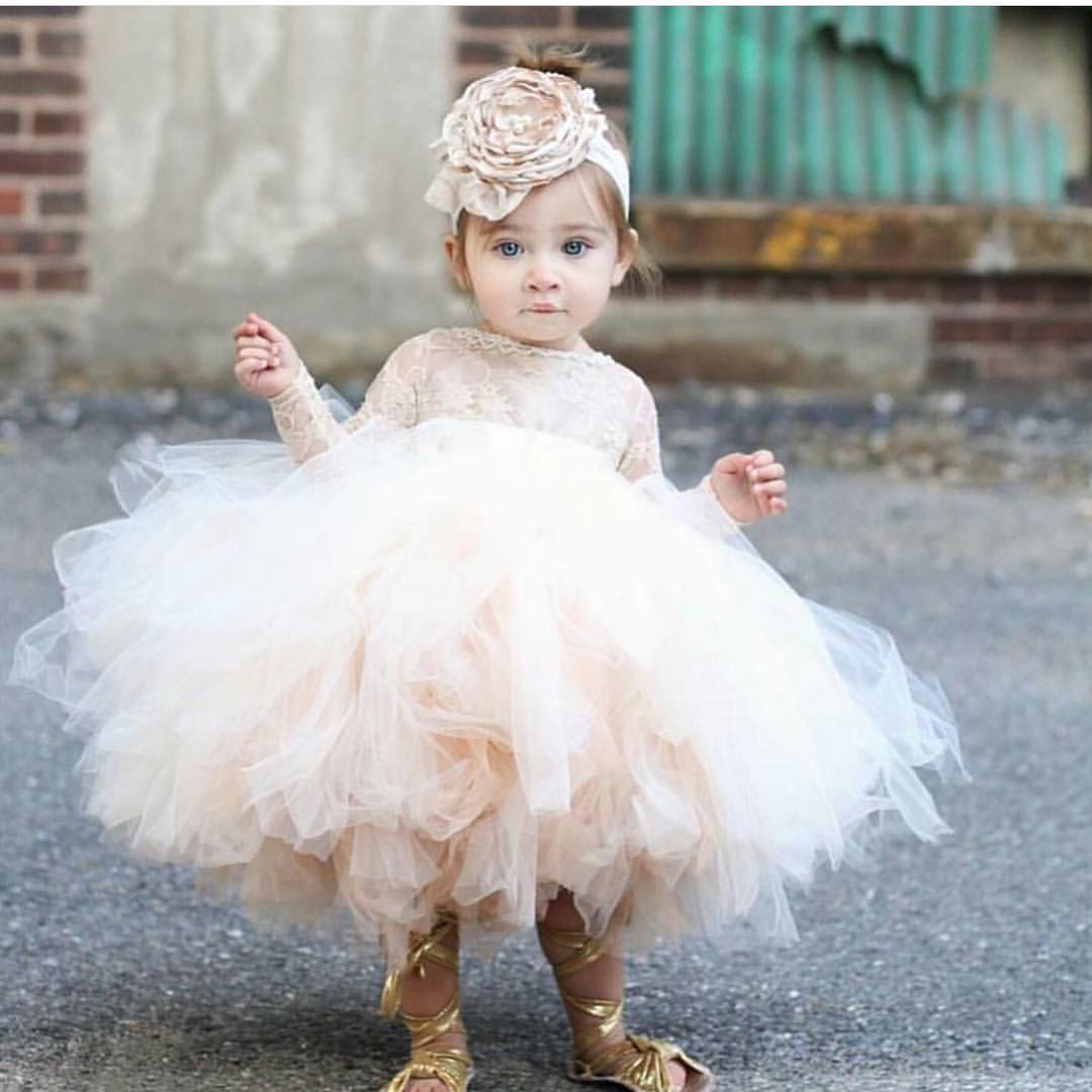 Cute Long Sleeve Lace Flower Girl Dress A Line Tulle Little Girl