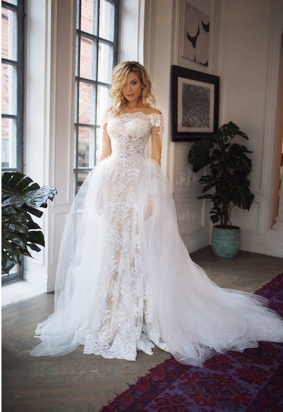 Long Sleeve Off Shoulder Mermaid Wedding Dresses Lace Bridal Gown