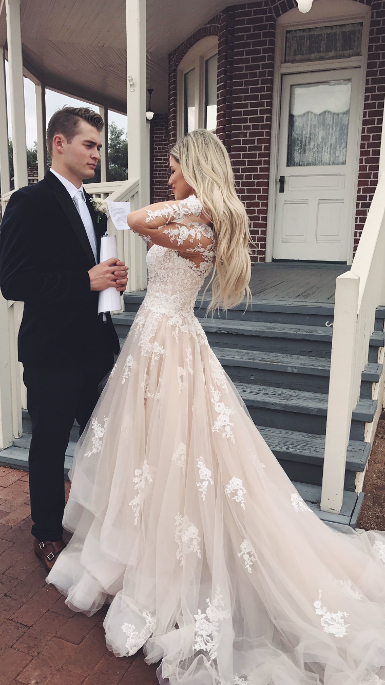 long sleeve lace applique wedding dress