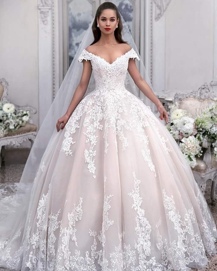 Light Pink Off Shoulder Lace Applique Wedding Dress A Line Bridal