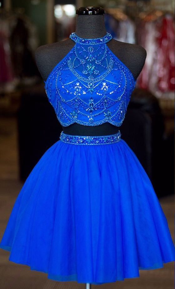 blue 2 piece prom dress short