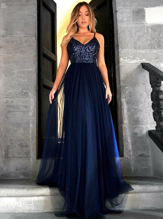 navy sparkly prom dress