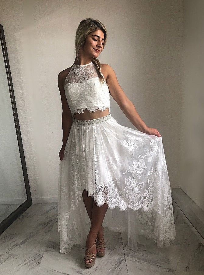 White Two Piece Halter Sleeveless Lace 