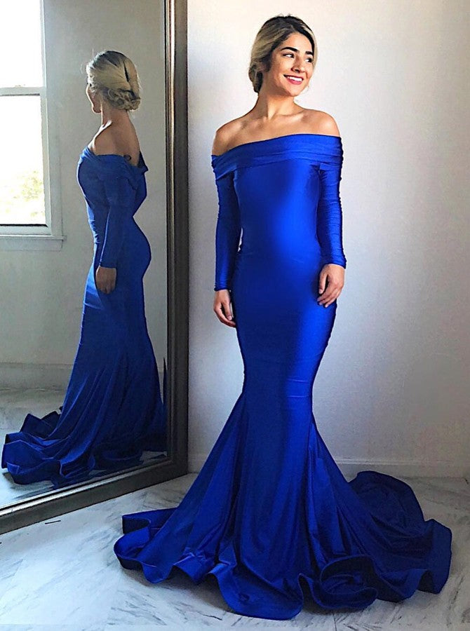 blue long sleeve off the shoulder dress