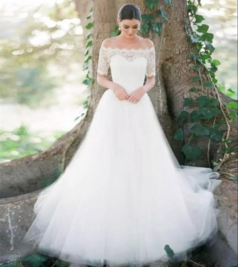 white lace a line wedding dress