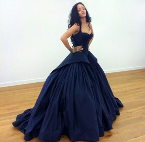 navy satin ball gown