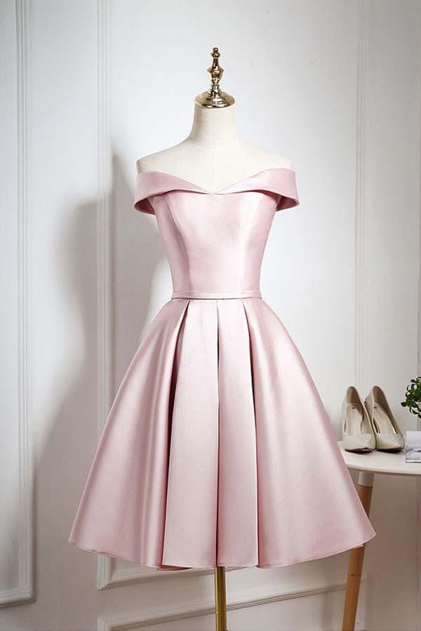 baby pink off the shoulder prom dress