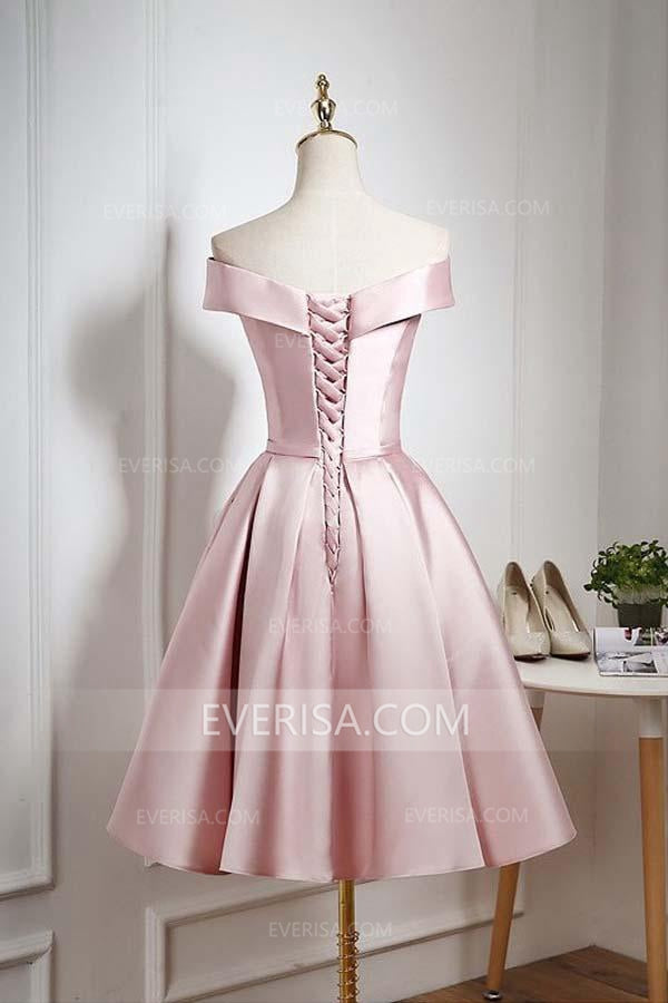 pink satin off the shoulder dress