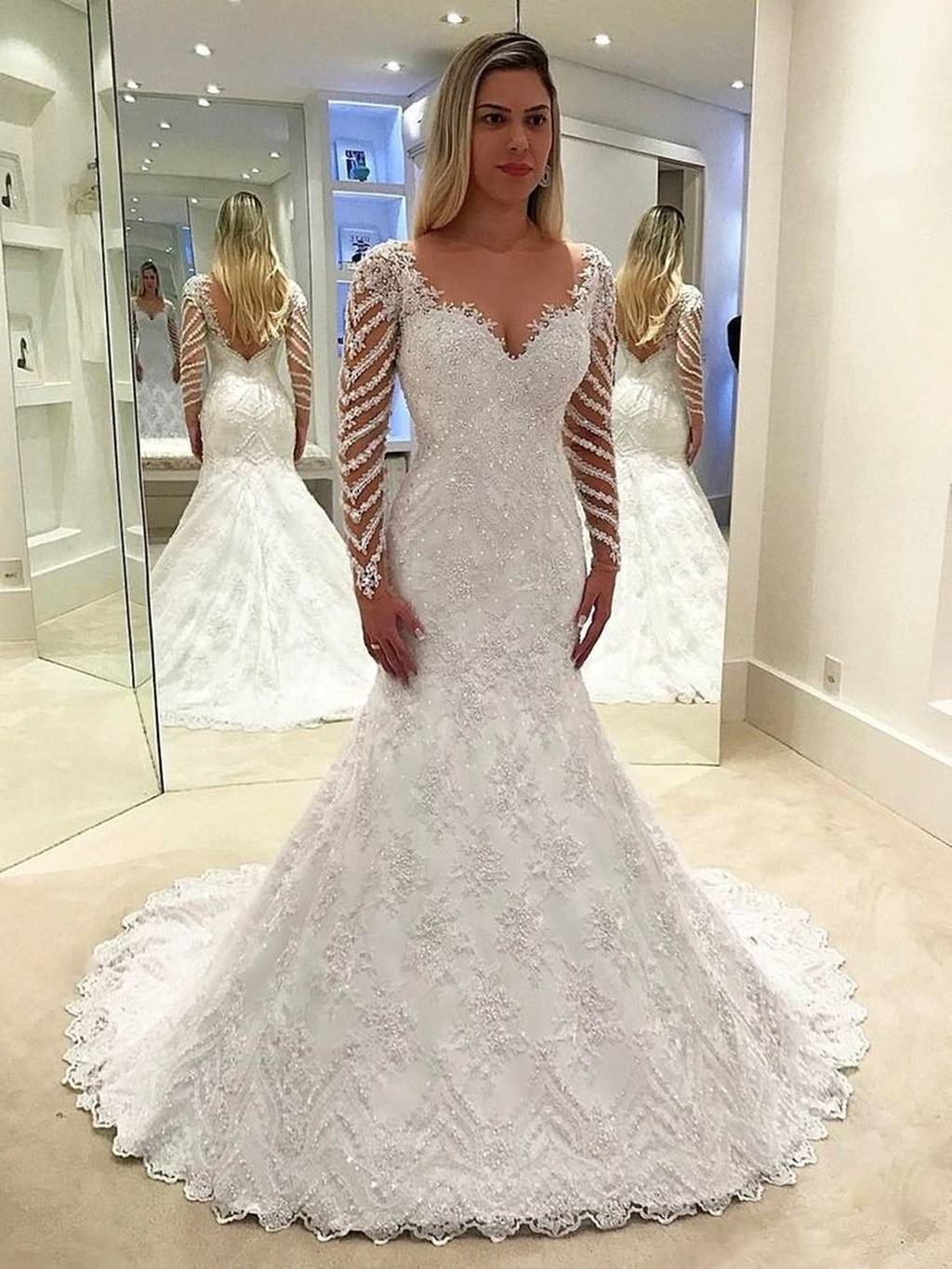 V Neck Long Sleeve Lace Beaded Wedding Dresses Mermaid Bridal Gown