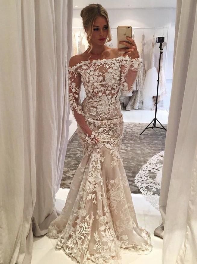 Unique Off Shoulder Long Sleeve Mermaid Wedding Dresses With Lace