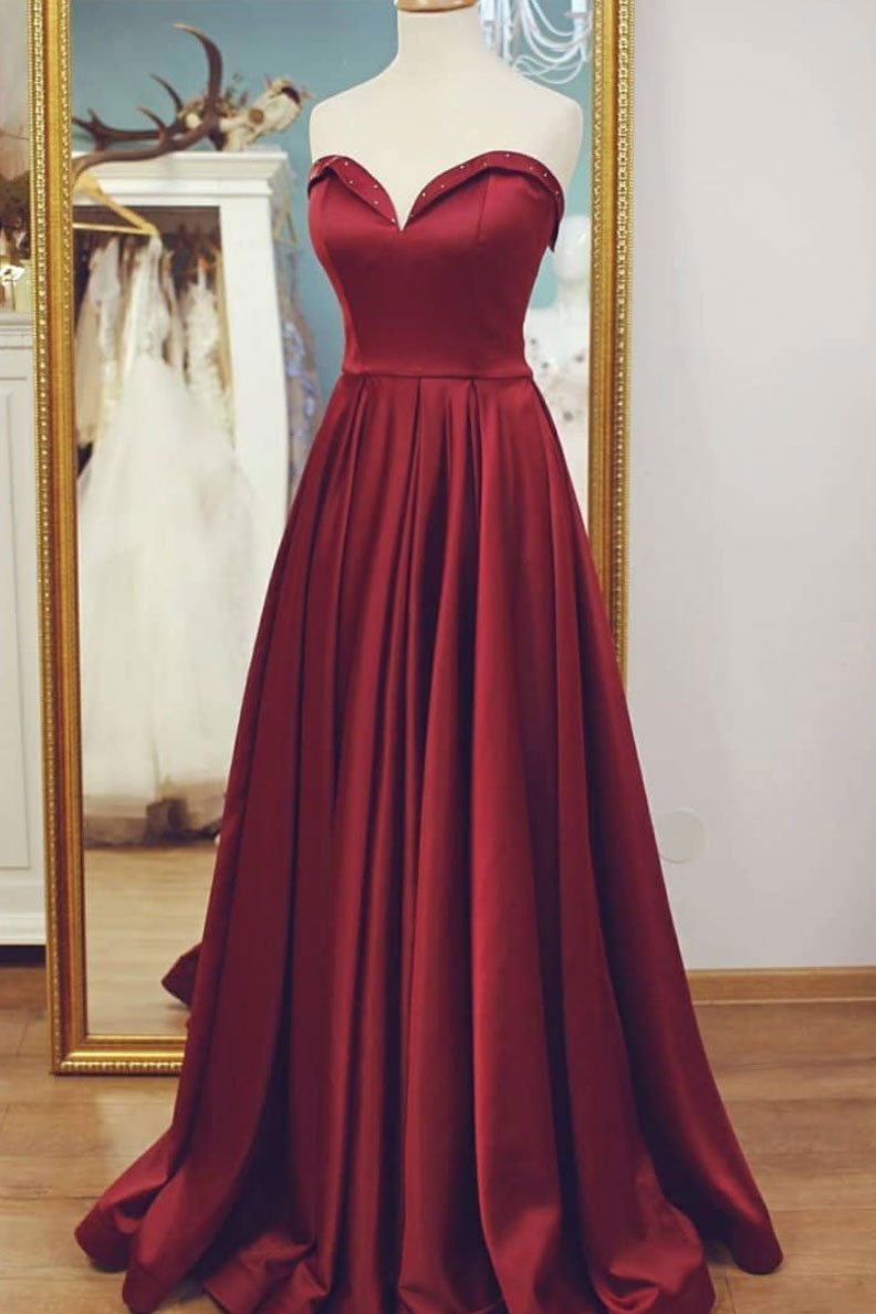 strapless maroon prom dress