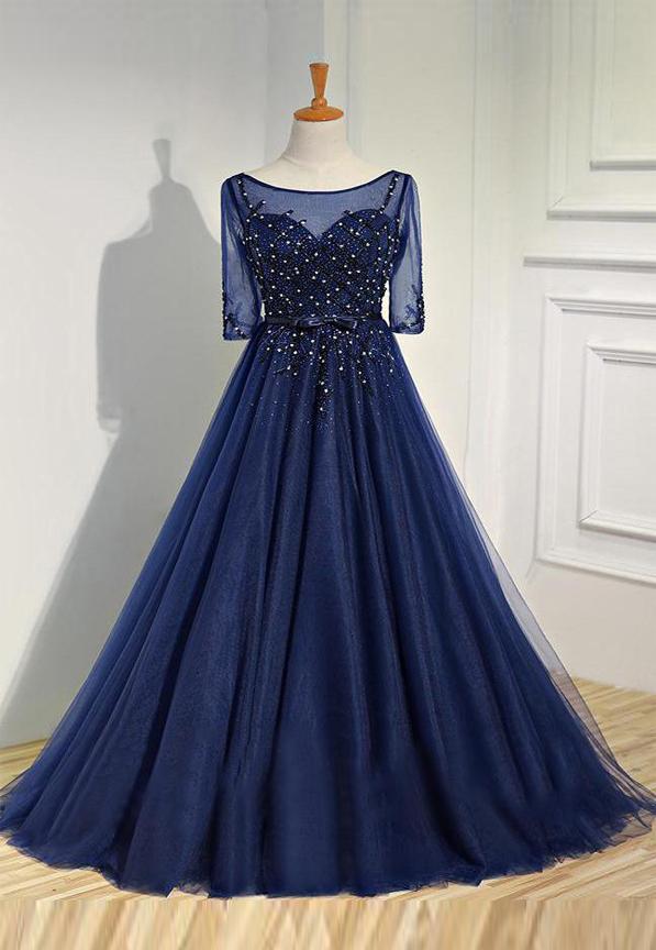 navy blue long gown with sleeves