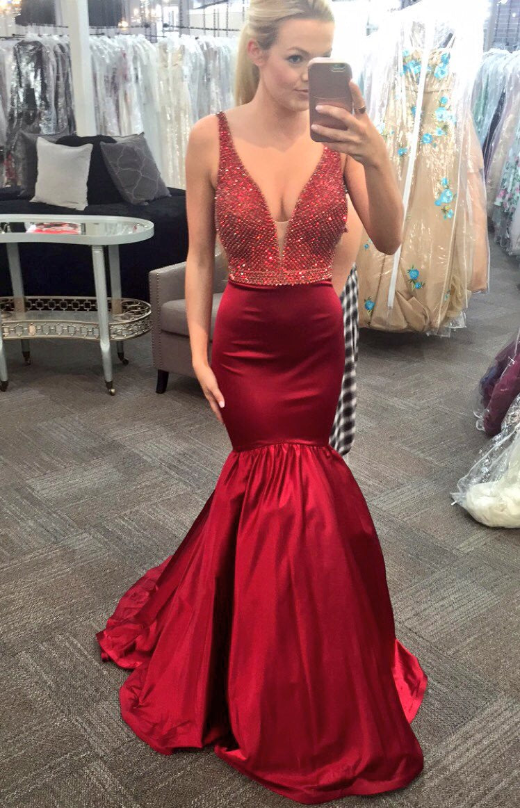 red v neck mermaid prom dress