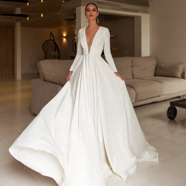 Elegant Deep V Neck Long Sleeve Open Back Wedding Dresses With Beaded ...