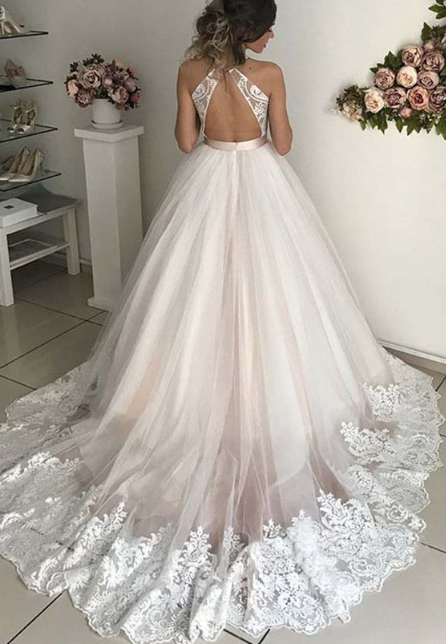 V Neck Sleeveless Backless Wedding Dresses Lace Appliques Bridal Gown ...