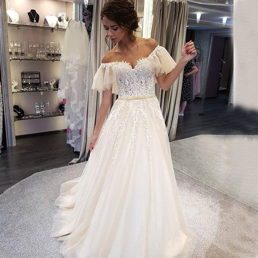 lace off the shoulder bridal gowns
