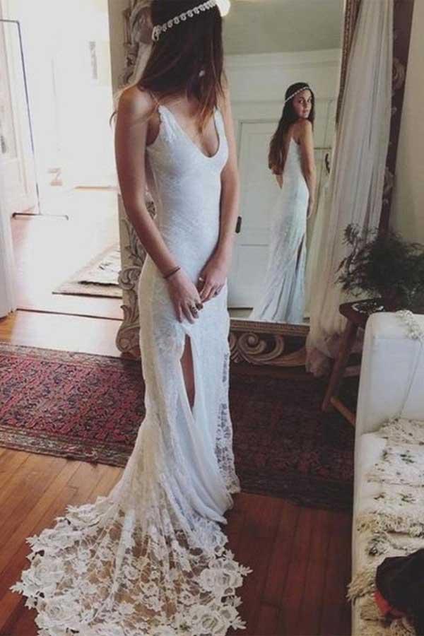 Sexy White Open Back Side Slit Lace Wedding Dresses Cheap Bridal