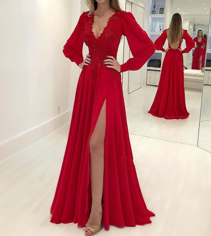 red long sleeve backless dress