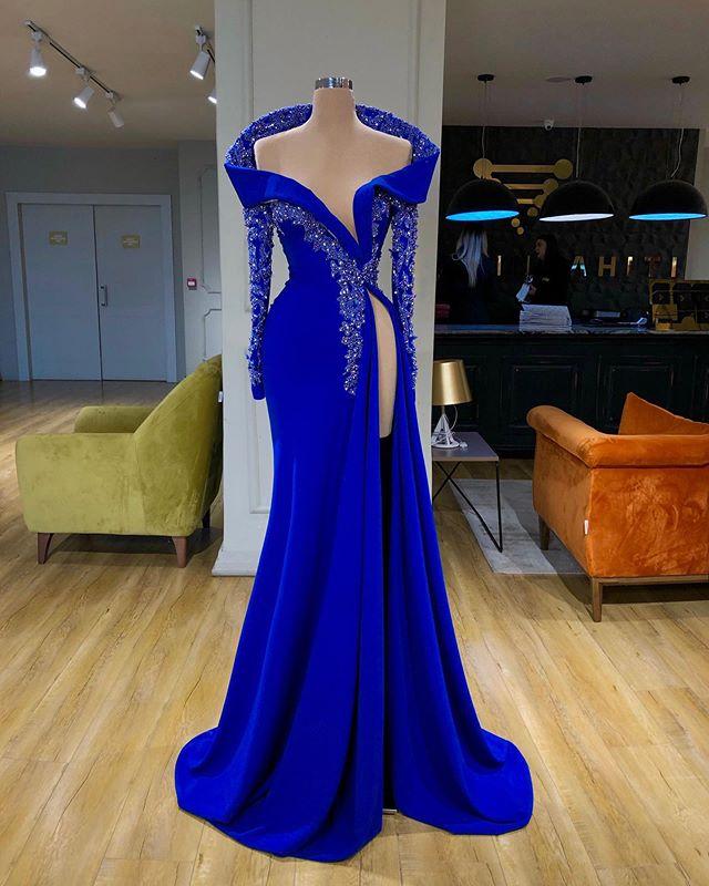 royal blue prom dress with sleeves