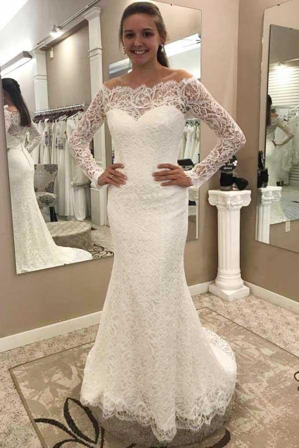 New Long Sleeves Off Shoulder Lace Wedding Dresses Cheap Bridal Gown