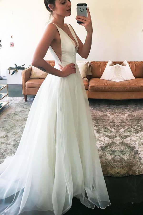 Sexy White A Line V Neck Straps Tulle Wedding Dress Cheap Bridal