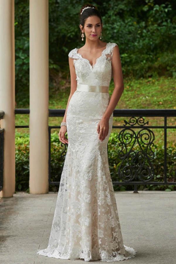 Charming White V Neck Open Back Lace Wedding Dress Bridal Gown Everisa
