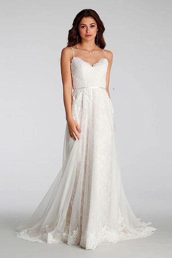 White Spaghetti Straps Backless Lace Bridal Gown Beach Wedding Dress