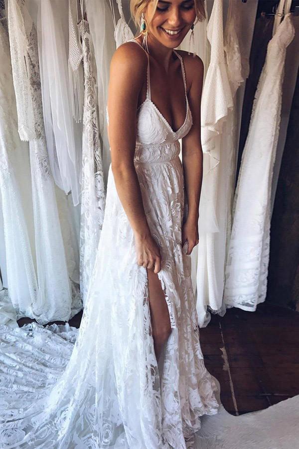 Sexy White Side Slit Backless Lace Wedding Dresses Beach Bridal