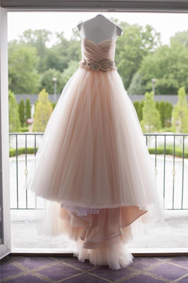 strapless blush bridesmaid dress