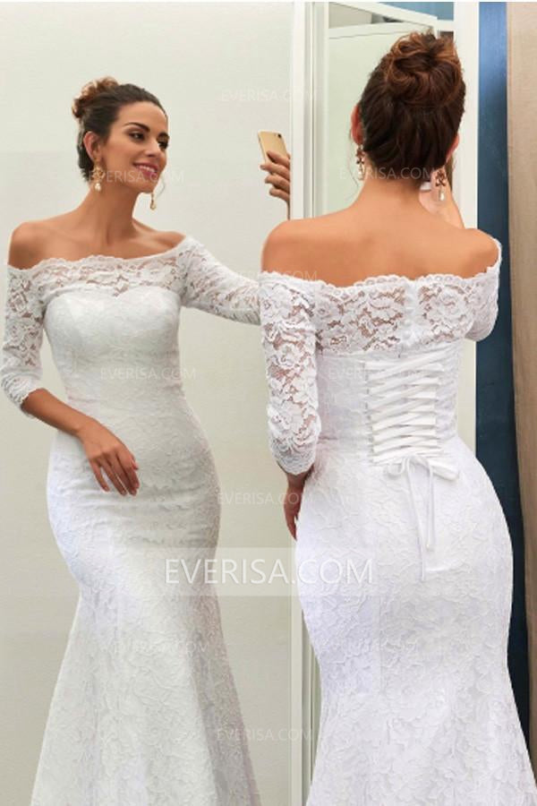 Elegant White Mermaid Off Shoulder Empire Waist Lace Wedding Dress 