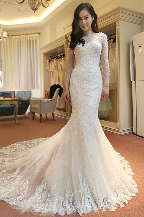 white long sleeve mermaid wedding dress