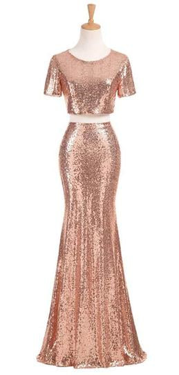 Fashion Rose Gold 2 Pieces Short Sleeves Sequin Long Prom Dresses