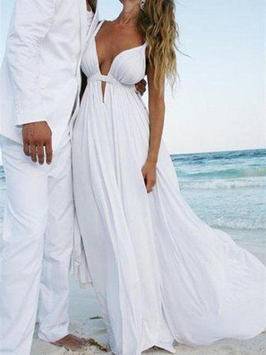 Sexy White V Neck Chiffon Bridal Gown Sleeveless Beach Wedding
