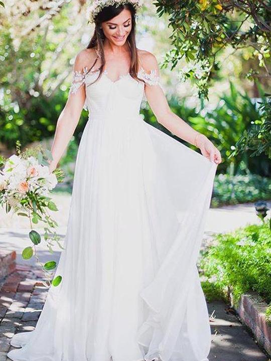 simple white off shoulder wedding dress