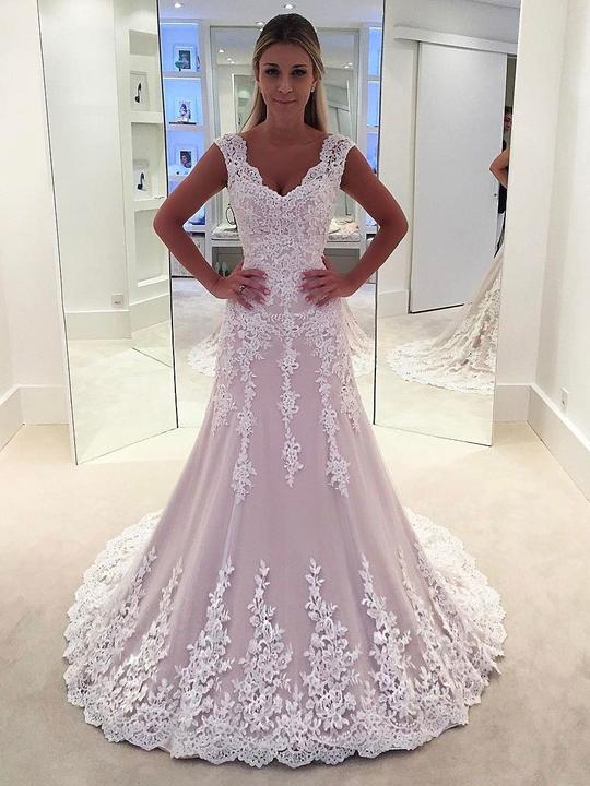 Pink Lace Wedding Dresses V-Neck Empire Sleeveless Long Bridal Gown - EVERISA