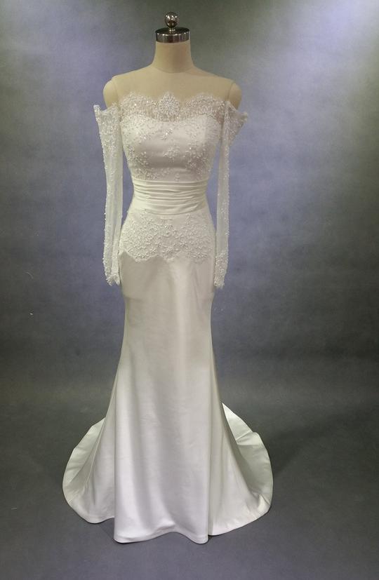 off shoulder long sleeve wedding gown