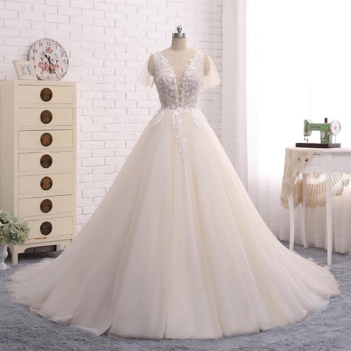 deep v neck a line wedding dress