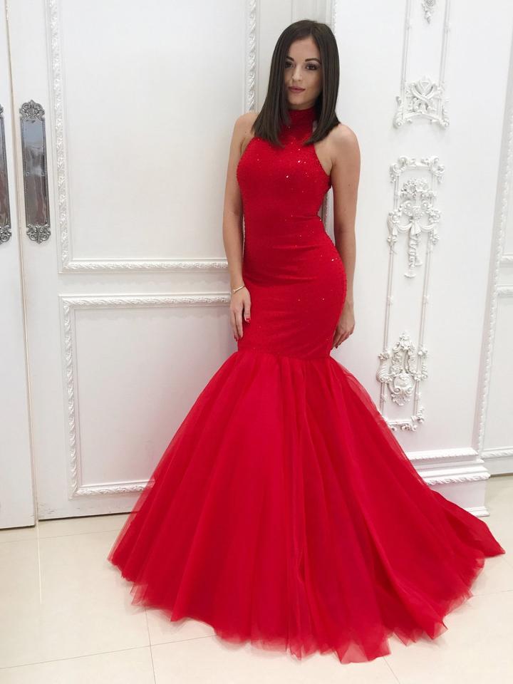 red prom dress high neck