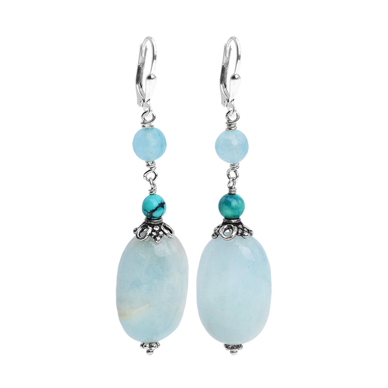 Stunning Blue Aquamarine, Turquoise & Agate Sterling Silver Earrings