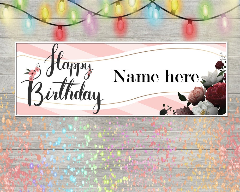 Happy Birthday Banner, Personalized Name Banner Floral Red Background