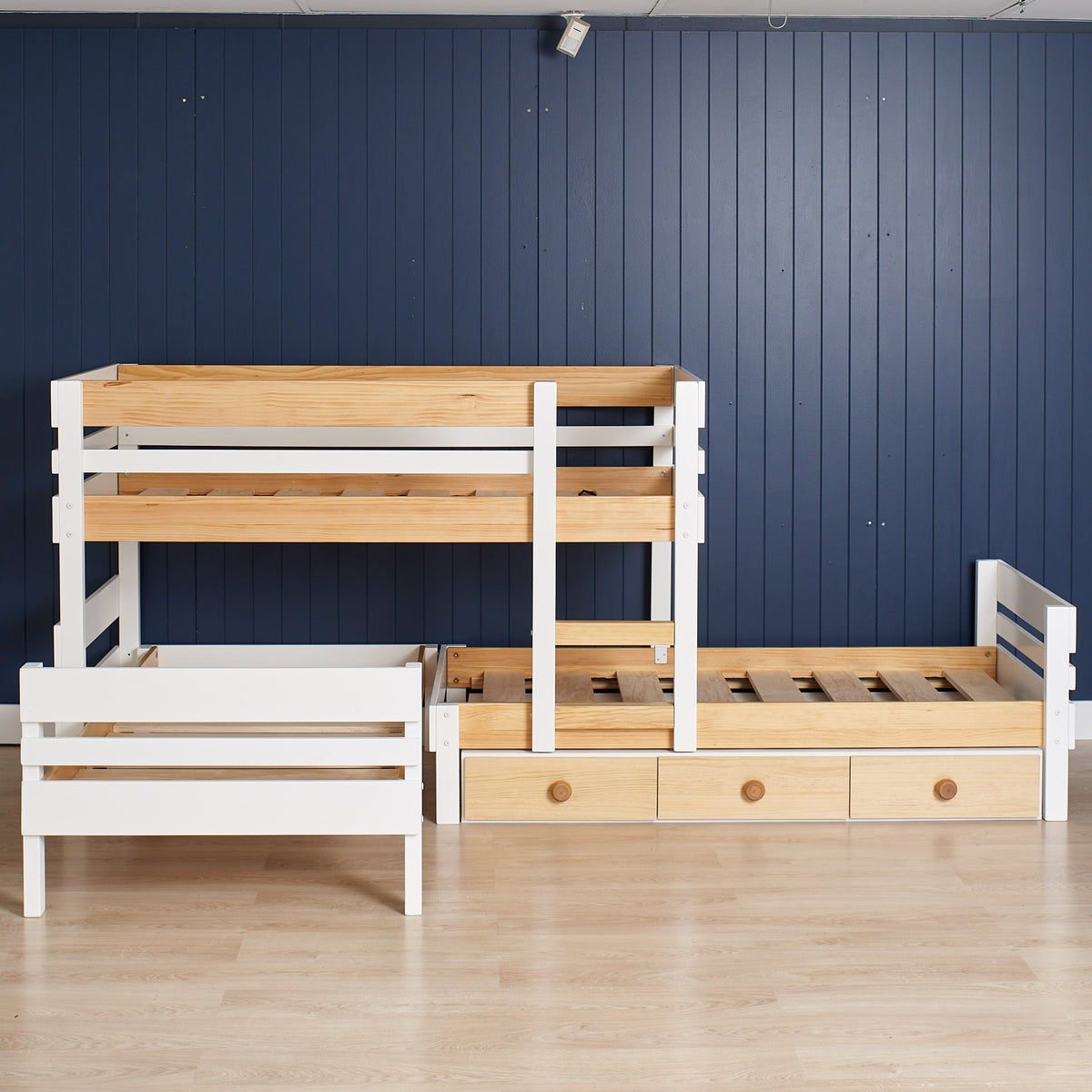 low height 3 bed bunk bed with storage drawers