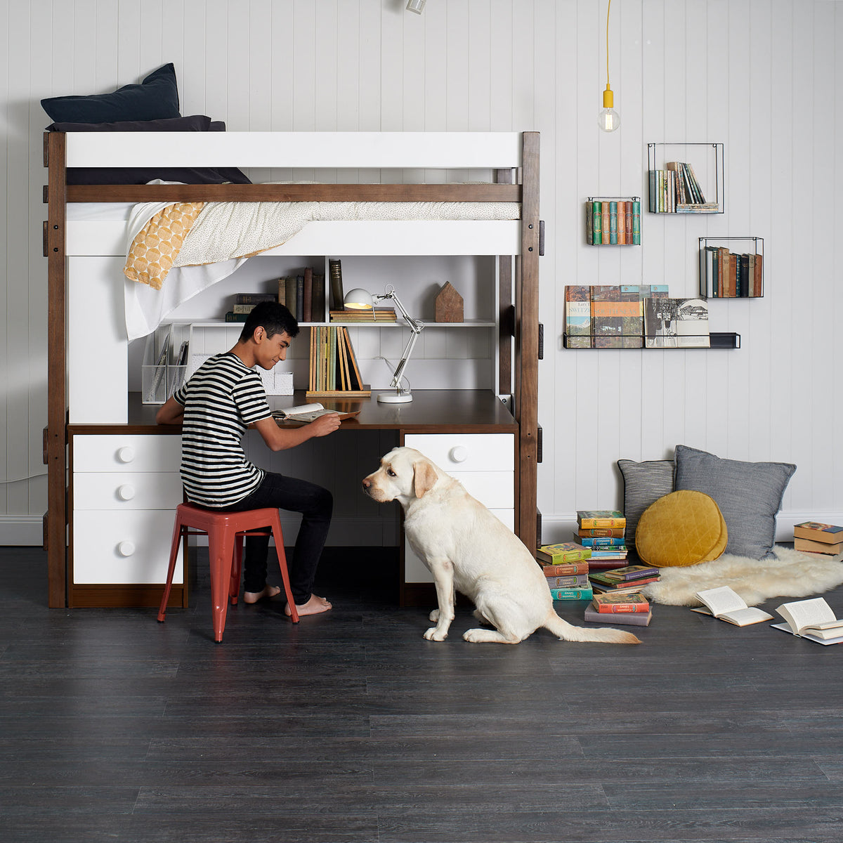 loft bed over great study desk space with storage shelves and drawers