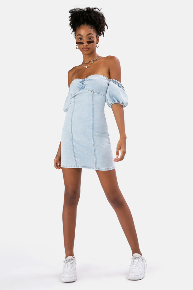 one shoulder denim dress