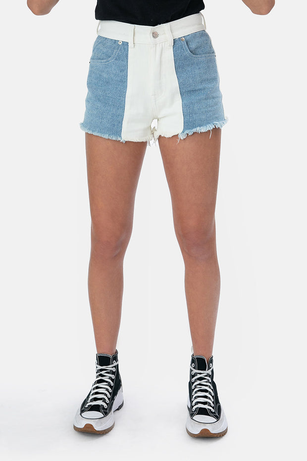 color block jean shorts