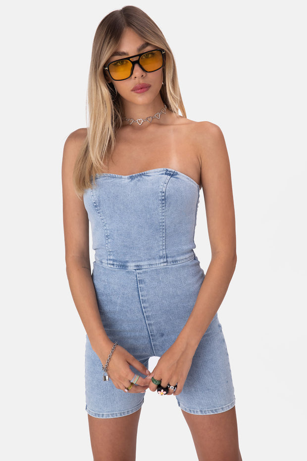 strapless biker short romper