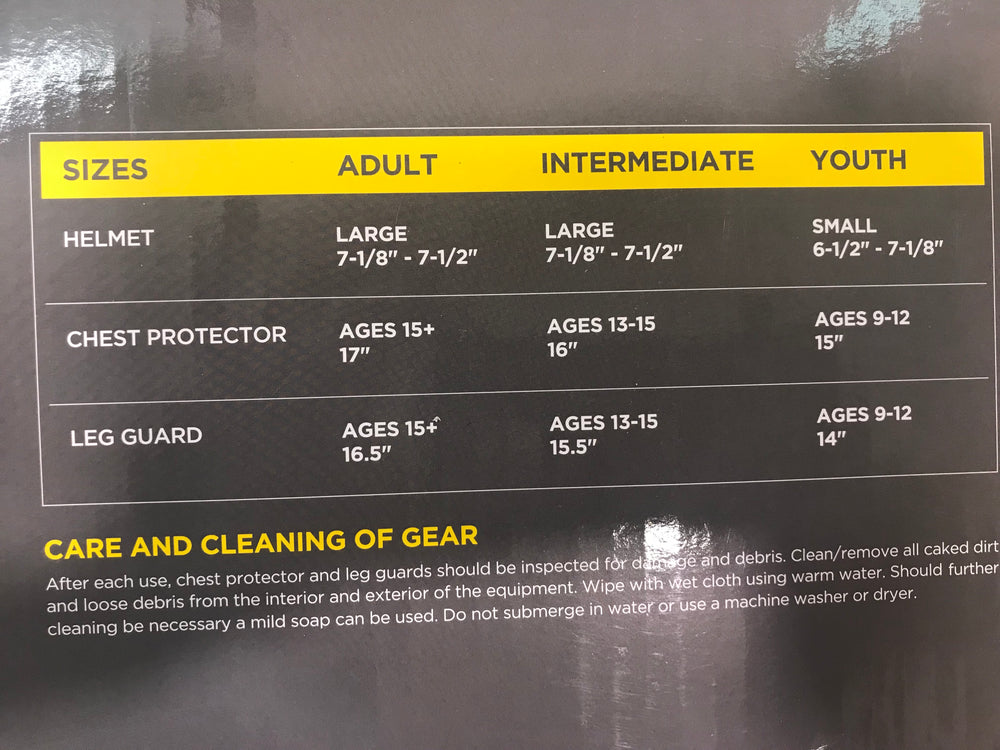 Catcher's Gear Size Chart