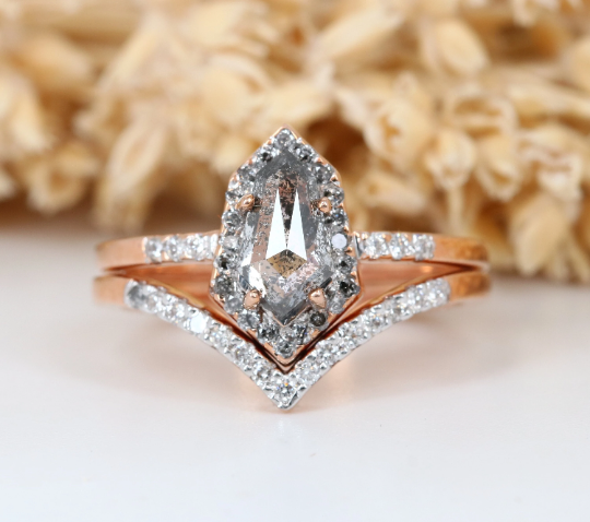 Shield Cut Salt and Pepper Engagement Ring Natural Diamonds