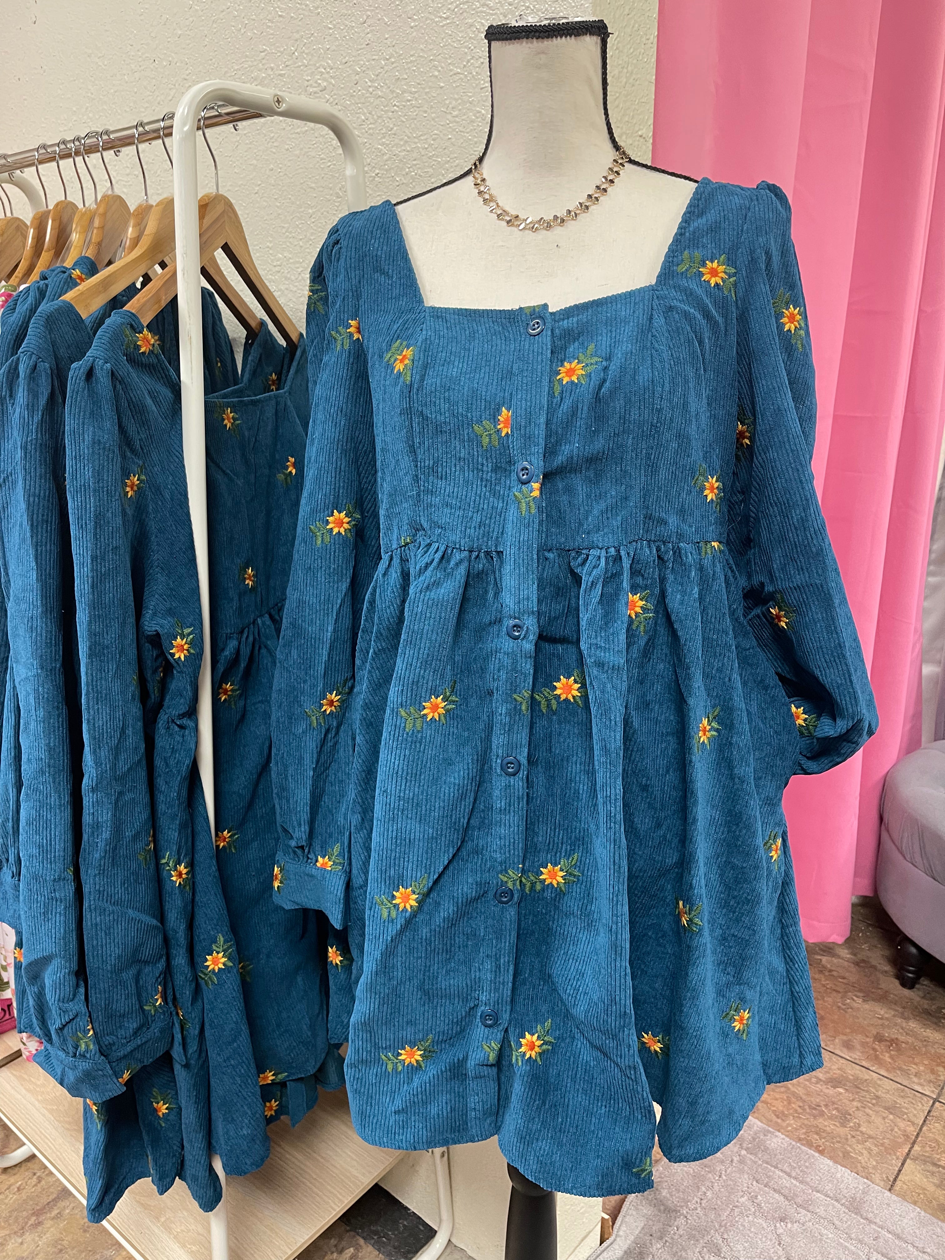 Teal Floral Corduroy Dress